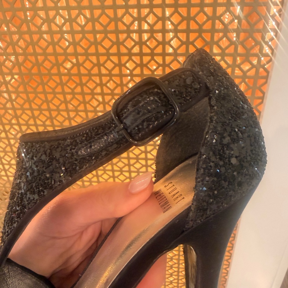 Stuart Weitzman Black Glitter Peep-Toe High Heels! EUC! Size 7 - Picture 8 of 9